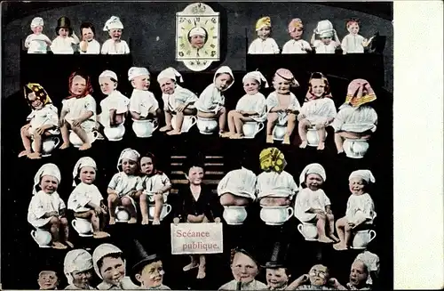 Ak Öffentliche Sitzung, Kinder auf Nachttöpfen, Fotomontage, Wanduhr