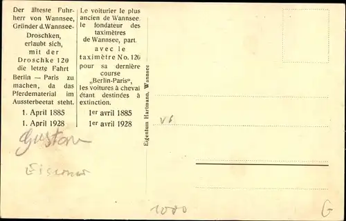 Ak Berlin Zehlendorf Wannsee, Die letzte Droschkenfahrt Berlin Wannsee Paris, Kutscher, 1928