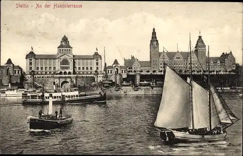 Ak Szczecin Stettin Pommern, Hakenterrasse, Dampfer