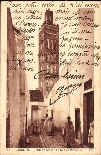 Ak Meknes Marokko, Straße und Moschee Djama-Zitouna