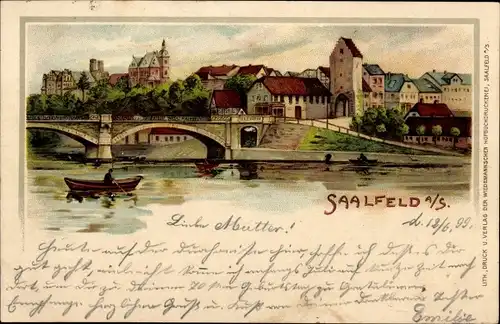 Litho Saalfeld an der Saale Thüringen, Teilansicht, Brücke