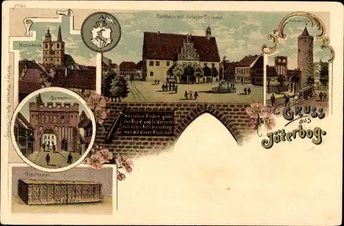 Litho Jüterbog in Brandenburg, Rathaus, Zinnaer Tor, Dammtor, Tetzelkasten