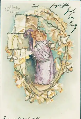 Glitzer Litho Glückwunsch Ostern, Mädchen, Blumen