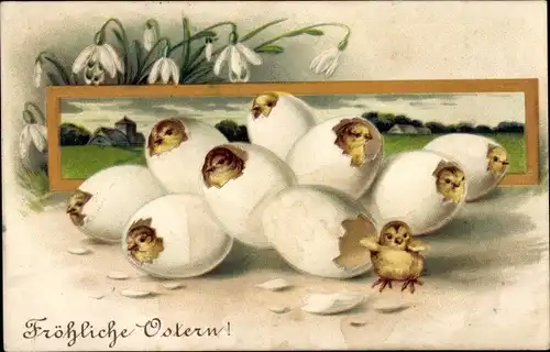 Präge Ak Glückwunsch Ostern, Küken schlüpfen aus Eiern, Schneeglöckchen