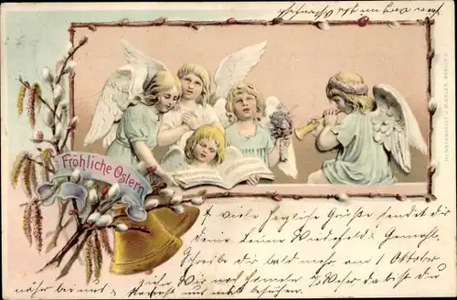 Litho Glückwunsch Ostern, Singende Engel, Weidenkätzchen