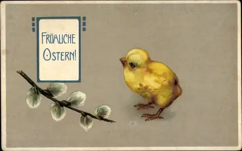 Präge Ak Glückwunsch Ostern, Küken, Weidenkätzchen