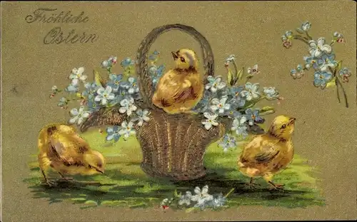 Präge Ak Glückwunsch Ostern, Küken, Korb, Vergissmeinnicht