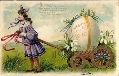 Präge Litho Glückwunsch Ostern, Mädchen, Schneeglocken, Osterei