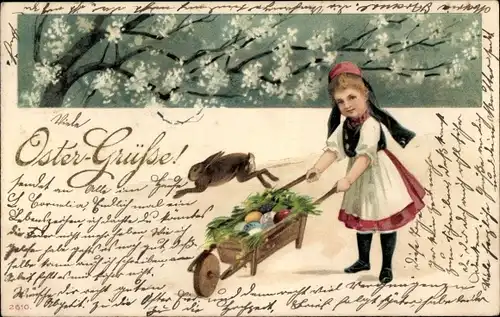 Präge Litho Ostern, Mädchen mit Schubkarre, Tracht, Osterhase, Ostereier