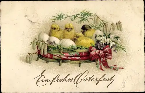 Ak Glückwunsch Ostern, Küken, Korb, Weidenkätzchen, Blumen