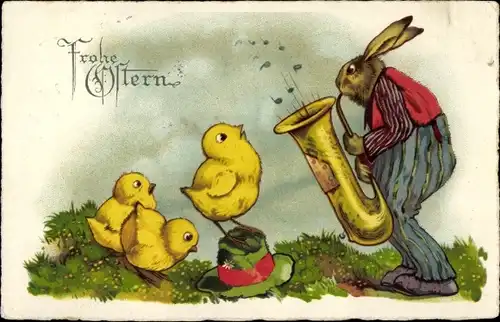 Ak Glückwunsch Ostern, Küken, Osterhase spielt Saxofon