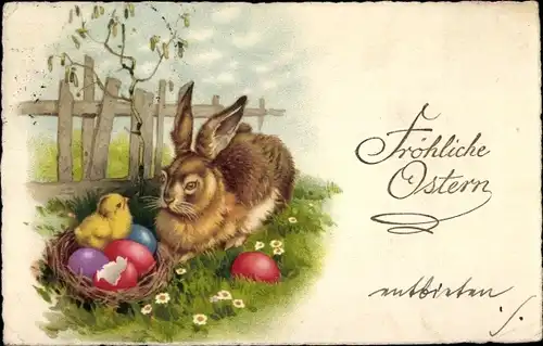 Ak Frohe Ostern, Osterhase, Ostereier, Küken, Ostereierschale