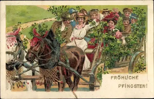 Präge Litho Glückwunsch Pfingsten, Feiernde Menschen, Fuhrwerk, Pferd