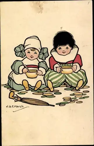 Künstler Ak Marsh, H. G. C., Junge und Mädchen mit Schüsseln