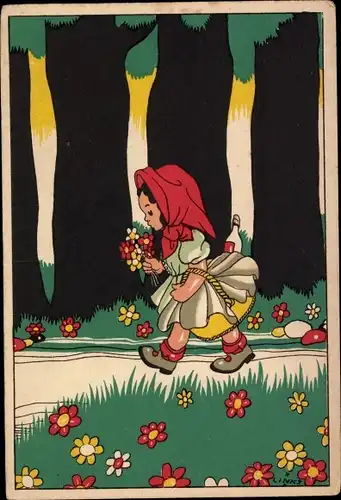 Künstler Ak Links, Roodkapje, Rotkäppchen auf dem Weg durch den Wald, Blumen, Korb