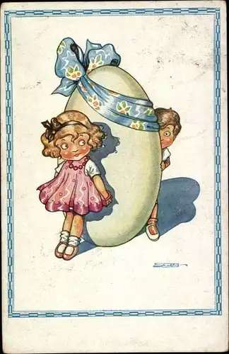 Künstler Ak Glückwunsch Ostern, Kinder mit großem Osterei