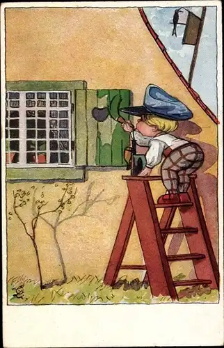 Künstler Ak Junge streicht einen Fensterladen, Leiter