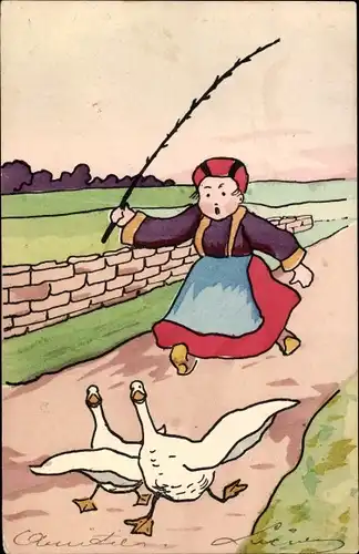 Ak Frau jagt zwei Gänse