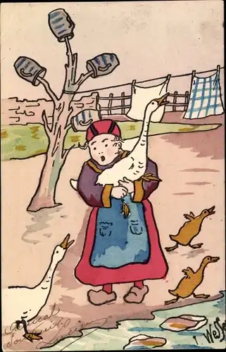 Ak Frau mit Gänsen und Enten