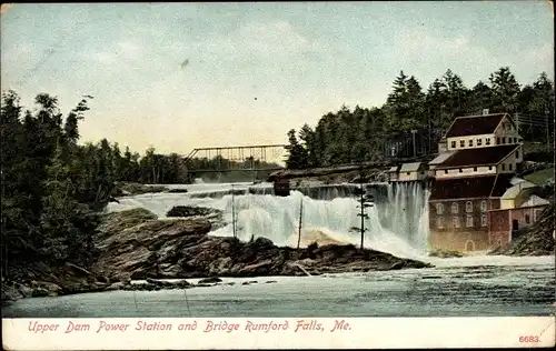 Ak Rumford Falls Maine USA, Kraftwerk Upper Dam und Brücke