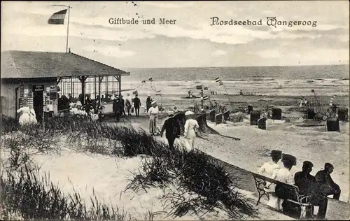 Ak Nordseebad Wangerooge in Ostfriesland, Giftbude und Meer, Strandpartie