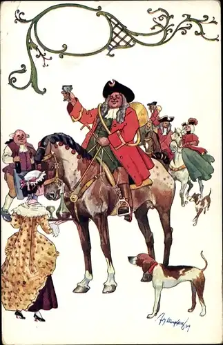 Künstler Ak Schönpflug, Fritz, Reiter mit Weinglas, Kellnerin, Gasthaus, Wirt