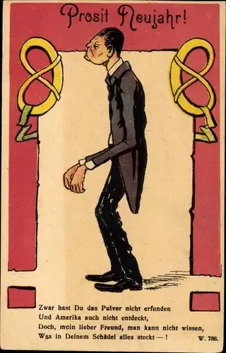 Ak Glückwunsch Neujahr, Zwar hast Du das Pulver nicht erfunden, mürrischer Mann im Frack
