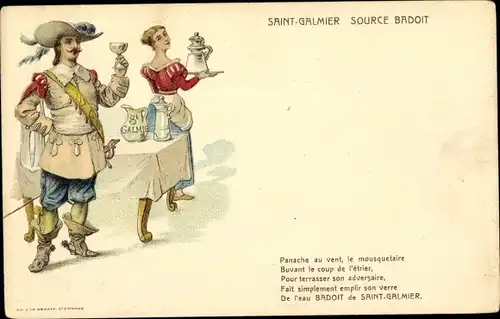Ak Saint Galmier Loire, Source Badoit, mousquetaire, Reklame