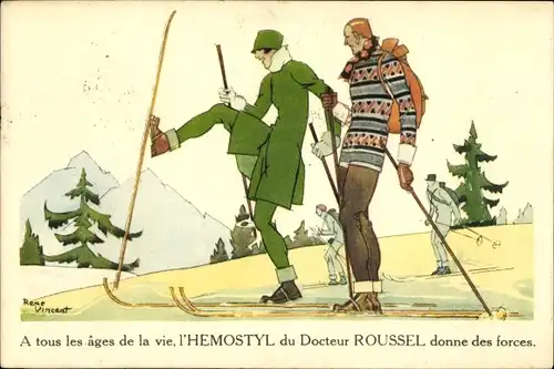 Künstler Ak Vincent, Rene, Rene, Skiläufer, Reklame, l'Hemostyl et l'Hepamoxyl du Dr. Roussel