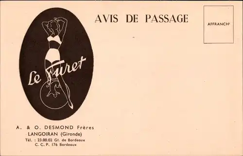 Ak Bordeaux Gironde, Le Turet, Avis de Passage, A. &. O. Desmond Freres, Langorain