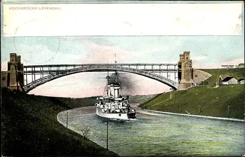 Ak Levensau Neuwittenbek in Schleswig Holstein, Flusspartie, Kriegsschiff, Hochbrücke