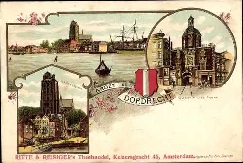 Lithographie Dordrecht Südholland Niederlande, Grout Hoofd Gate, Grote Kerk, Wappen, Teehandel