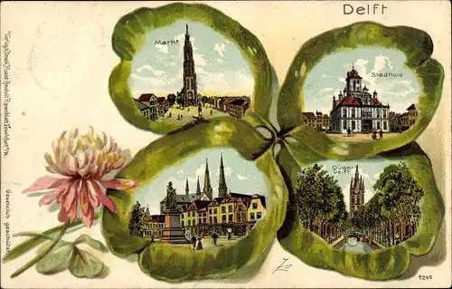 Kleeblatt Litho Delft Südholland Niederlande, Markt, Rathaus, Alt-Delft, Kirche