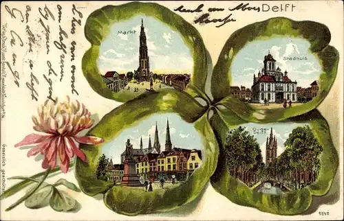 Kleeblatt Litho Delft Südholland Niederlande, Markt, Rathaus, Alt-Delft, Kirche