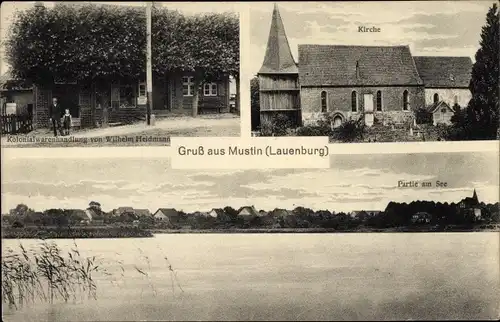 Ak Mustin im Herzogtum Lauenburg, Kirche, See, Kolonialwarenhandlung Wilhelm Heidmann