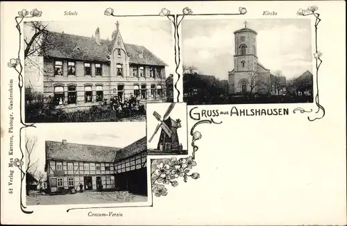 Ak Ahlshausen Einbeck in Niedersachsen, Schule, Kirche, Consum-Verein, Windmühle
