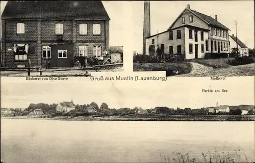 Ak Mustin im Herzogtum Lauenburg, Bäckerei Otto Greve, Molkerei, See