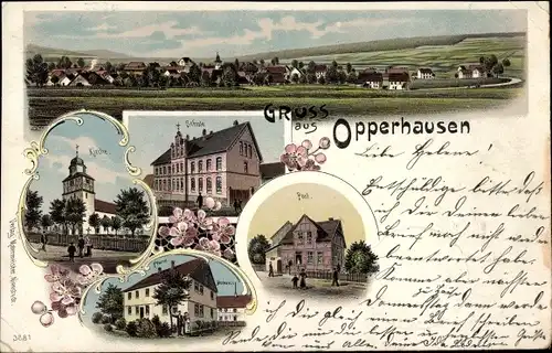 Litho Opperhausen Kreiensen Einbeck in Niedersachsen, Panorama, Kirche, Schule, Post, Pfarre