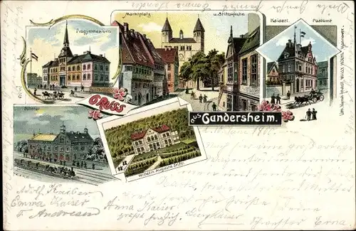 Litho Bad Gandersheim am Harz, Stiftskirche, Wilhelm Augusta Stift, Bahnhof, Progymnasium