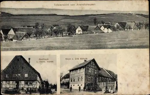 Ak Avendtshausen Avendshausen Einbeck in Niedersachsen, Panorama, Neue und alte Schule, Gasthaus