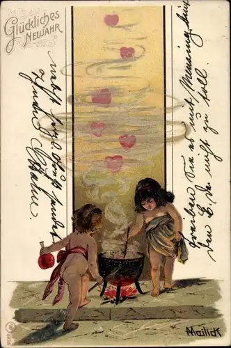 Künstler Ak Mailick, Fröhliches Neujahr, Liebesengel, Kessel, Herzen