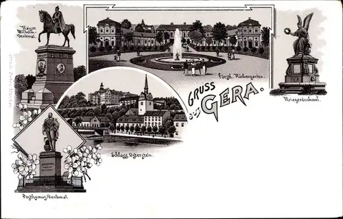 Litho Gera in Thüringen, Kriegerdenkmal, Schloss Osterstein, Kaiser-Wilhelm-Denkmal