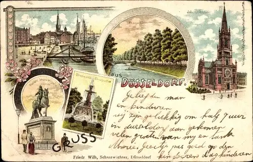 Litho Düsseldorf am Rhein, Werft, Königsallee, Kurfürst-Johann-Wilhelm-Denkmal, Brunnen