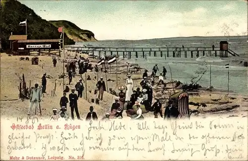 Ak Sellin auf Rügen, Strand, Herrenbad, Seesteg