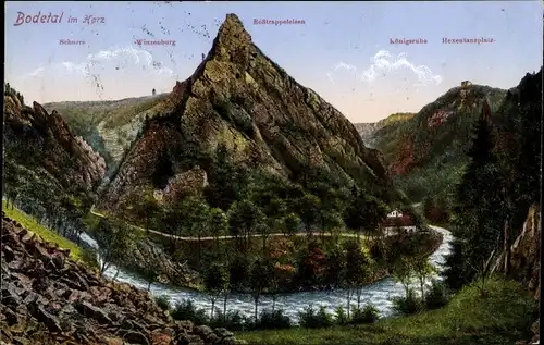 Ak Thale im Harz, Bodetal, Königsruhe, Hexentanzplatz, Rosstrappefelsen