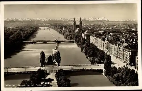 Ak München Bayern, Panorama, Isar, Gebirge, Brücken, Alpen