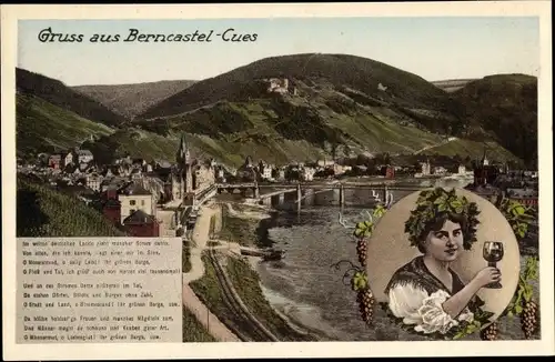 Ak Bernkastel Kues an der Mosel, Panorama, Brücke, Gedicht