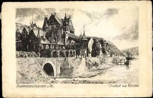 Künstler Ak Assmannshausen Rüdesheim am Rhein in Hessen, Gasthof zur Krone