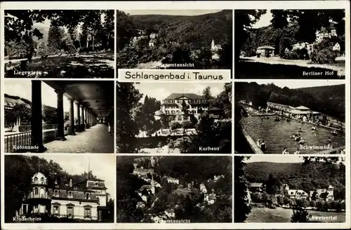 Ak Schlangenbad im Rheingau Taunus Kreis, Liegewiese, Berliner Hof, Kurhaus, Schwimmbad, Kinderheim