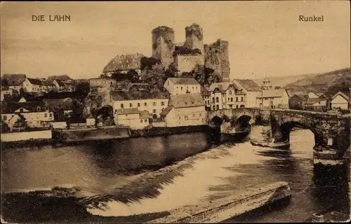 Ak Runkel an der Lahn, Burg, Brücke, Panorama